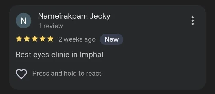 Five-star Google review from Nameirakpam Jecky reading Best eyes clinic in Imphal