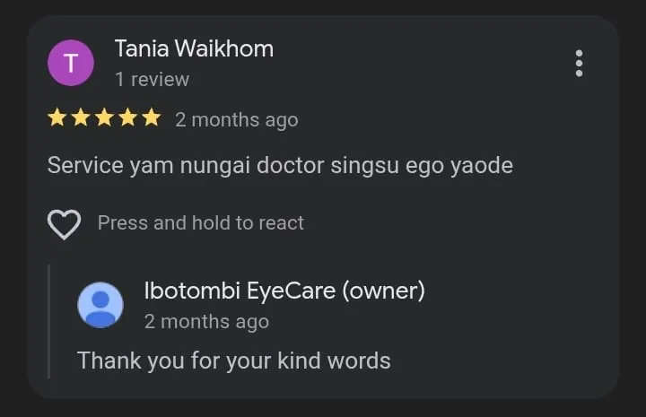 Five-star Google review from Tania Waikhom praising the service and doctors