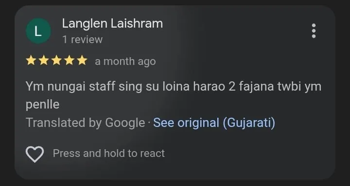 Five-star Google review from Langlen Laishram praising the staff